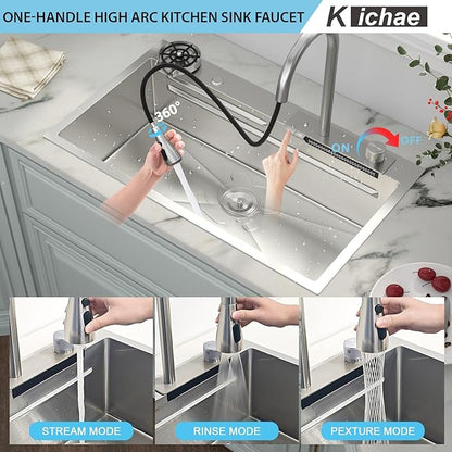 Kichae 33x19 Drop In Kitchen Sink Waterfall - Workstation Kitchen Sink Waterfall Stainless Steel 16 Gauge Luxury Handmade Single Bowl Sinks with Faucet Combo & Glass Rinser