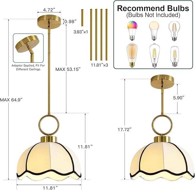 11.81” Modern Boho Pendant Light Vintage Farmhouse White Fabric Pendant Light Fixtures Adjustable Rod Hand Woven Pendant Lights for Kitchen Island, Dining Room, Bedroom, Hallway, Entryway