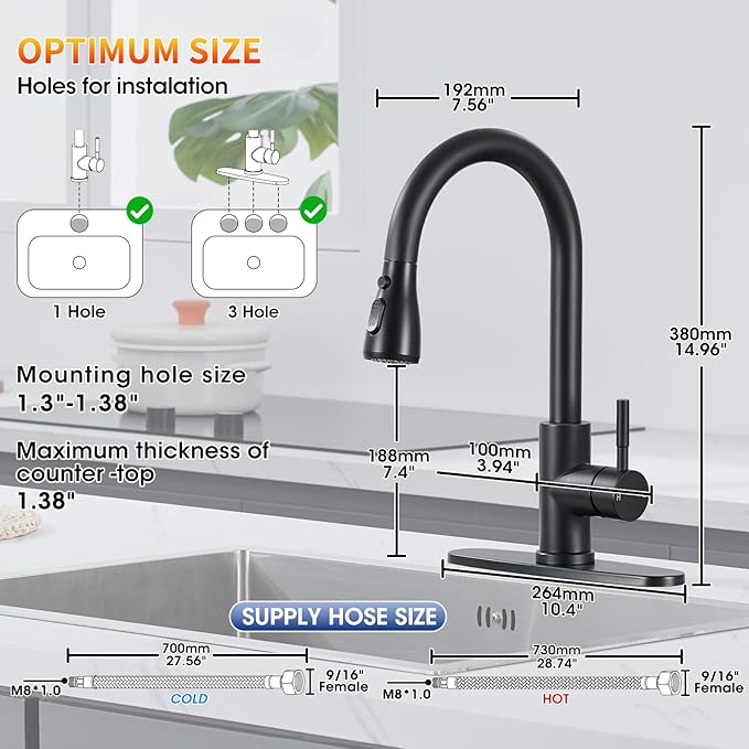 Matte Black Kitchen Faucets with Spray Head Replacement, High Arc Single Handle Stainless Steel Kitchen Sink Faucet for 1 or 3 Hole, Ideal for Farmhouse RV Laundry Bar Camper & Commercial
