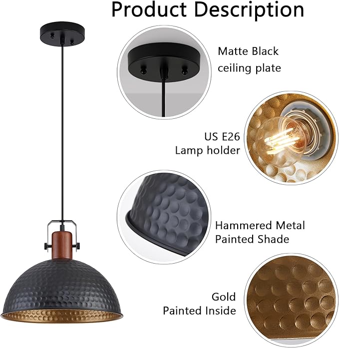 12 Inch Black Pendant Lights Hammered Matte Pendant Lights for Kitchen Island Industrial Farmhouse Adjustable Height Dome Hanging Light Fixtures for Barn, Dining Room 1 Pack