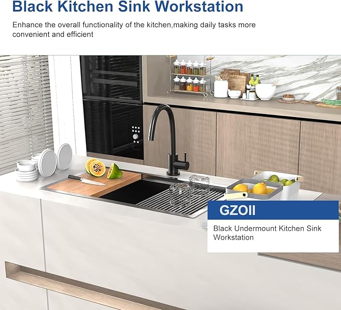 Black Kitchen Sink, 32 Inch Stainless Steel 32''×18'' ×9'' Undermount Single Bowl Workstation Black Kitchen Sink with Accessories