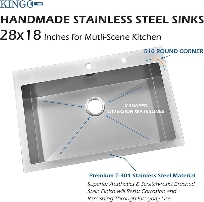 KINGO HOME 28 Inch Drop in Kitchen Sink, 304 Stainless Steel Single Bowl Basin, Top Mount 16 Gauge 28x18 Inch Brushed Nickel Dishwasher Sinks for Workstation, RV, Laundry, Commercial and Bar Sink
