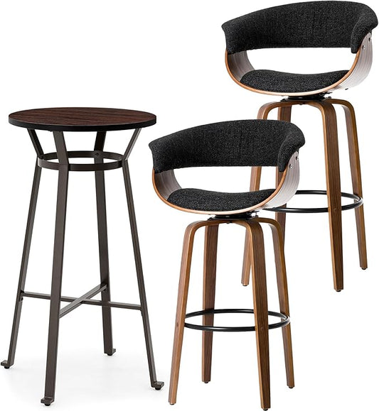 Glitzhome Bar Table and Chairs, Gray Fabric Adjustable Swivel Bar Stools Set of 2, Square Black Cocktail Pub Table for Kitchen Island Bistro Office Living Room Dining Room Small Space Restaurant
