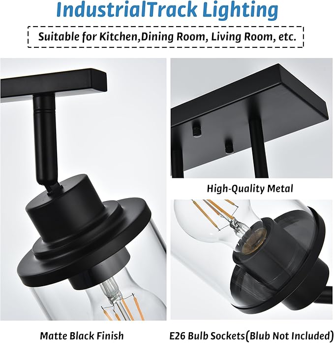 5-Light Adjustable Track Lighting Kit in Matte Black Semi Flush Mount Ceiling Light with 5 Rotatable Light Heads Modern Vanity Lights for Bathroom, Clear Glass Shade