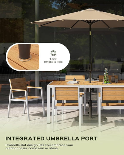Vexwalx 5-Piece Outdoor Dining Set, Aluminum Dining Table Set for 4, Patio Table and Chairs Set with Umbrella Hole, All Weather HDPS Outdoor Table and Chairs for 4 (White-Teak)