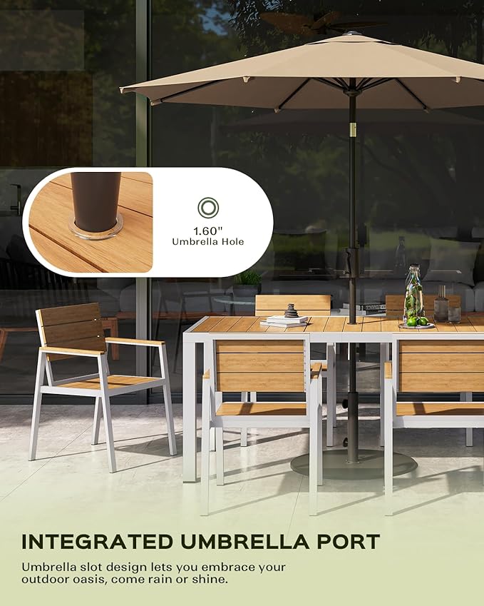 Vexwalx 7-Piece Outdoor Dining Set, Aluminum Dining Table Set for 6, Patio Table and Chairs Set with Umbrella Hole, All Weather HDPS Outdoor Table and Chairs for 6 (White-Teak)