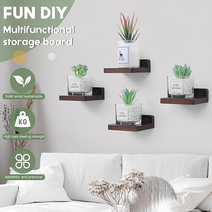 Small Floating Shelf, 4x4 Inch Display Ledges for Wall,Mini Shelves,Rustic Wood Shelf for Bedroom Living Room Bathroom Kitchen (4, Dark Walnut)