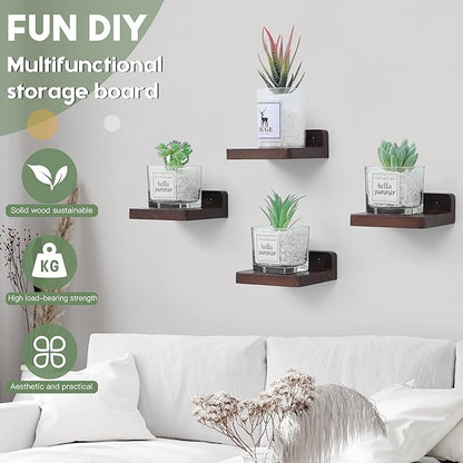 Small Floating Shelf, 4x4 Inch Display Ledges for Wall,Mini Shelves,Rustic Wood Shelf for Bedroom Living Room Bathroom Kitchen (8, Dark Walnut)