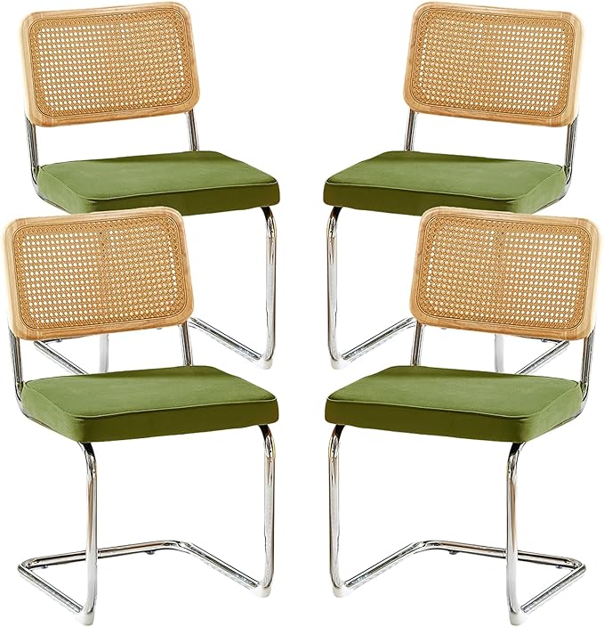 Rattan Back Velvet Dining Chair Set of 4 Modern Breuer Designed Stainless Chrome Base Armless Upholstered Dining Chair for Dining Room, Kitchen Island(Olive Green)