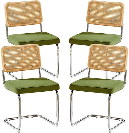 Rattan Back Velvet Dining Chair Set of 4 Modern Breuer Designed Stainless Chrome Base Armless Upholstered Dining Chair for Dining Room, Kitchen Island(Olive Green)