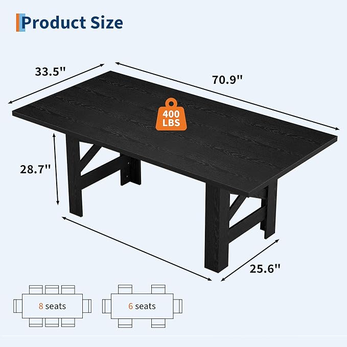 IDEALHOUSE 71" Long Dining Table for 6-8, Farmhouse Wooden Barn Kitchen Table for 6, Triangular Legs, Large Dining Room Table w/Thick Tabletop, Sturdy Frame, for Dinner, Kitchen, Office, Rustic Black