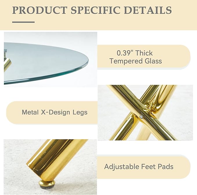 43.3'' Round Glass Dining Table,Modern Kitchen Table for 2-6 People,Dining Room Table with Tempered Glass Top and Metal Legs for Kitchen Apartment