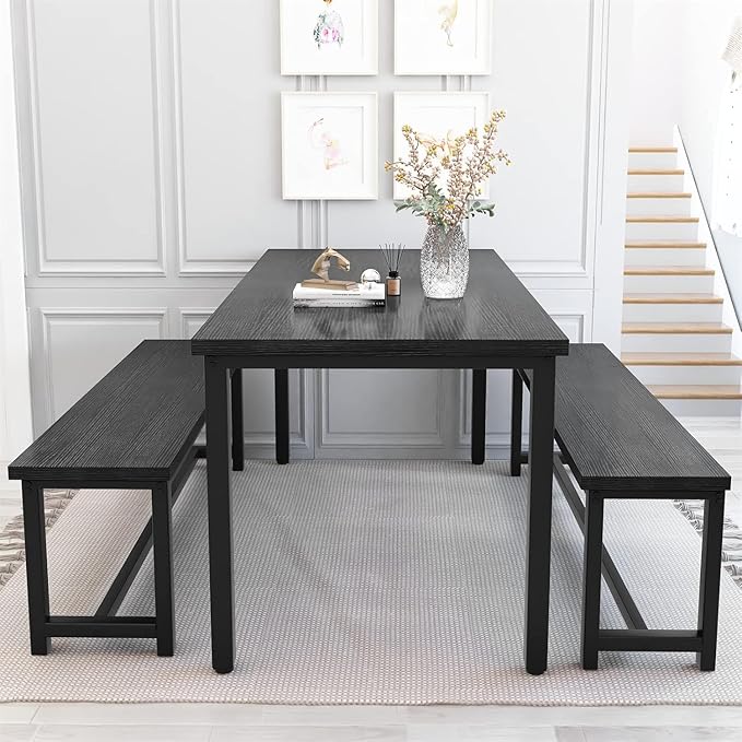 Recaceik 47” Dining Table Set for 4, 3-Piece Kitchen Table with 2 Benches, Wood Kitchen Table and Chair Set, Space-Saving Dining Room Set Dinette Set for Breakfast Nook and Small Space, Black