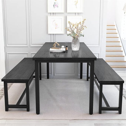 Recaceik 47” Dining Table Set for 4, 3-Piece Kitchen Table with 2 Benches, Wood Kitchen Table and Chair Set, Space-Saving Dining Room Set Dinette Set for Breakfast Nook and Small Space, Black