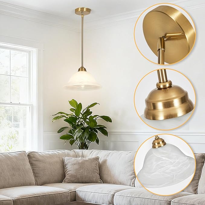 Modern Alabaster Glass Pendant Light Adjustable Rod Pendant Lighting Fixture for Kitchen Sink Bar Dining Room, 12“D (Brass)
