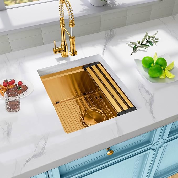 Gold Bar Sink Undermount,Small Bar & Prep Sinks,16 gauge Stainless Steel Bar Sink with Workstation for Wet Bar Area,Special Offset Drain Design (16" X 18")