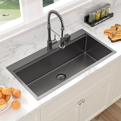 Sarlai 36 Inch Black Drop In Kitchen Sink Workstation - 36x19 Drop In Kitchen Sink Black Stainless Steel Topmount Workstation Sink 16 Gauge Deep Single Bowl Top-mount Kitchen Sink