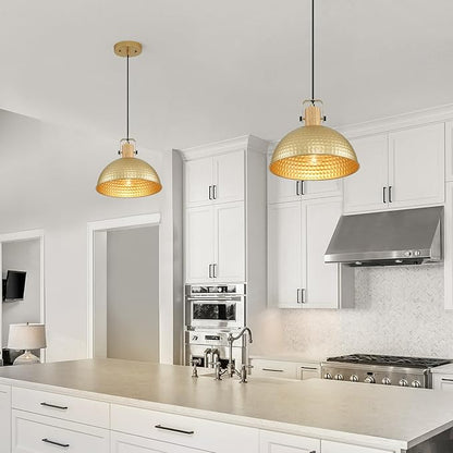 12 Inch Gold Pendant Lights Hammered Matte Pendant Lights for Kitchen Island Industrial Farmhouse Adjustable Height Dome Hanging Light Fixtures for Barn, Dining Room 2 Packs