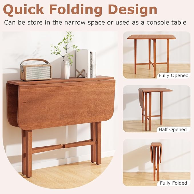 Giantex 36" Folding Dining Table for 2-4, Extendable Drop Leaf Kitchen Table with Solid Rubber Wood Frame, Space-Saving Dinner Table for Small Space, Living Dining Room, Dinette, Walnut