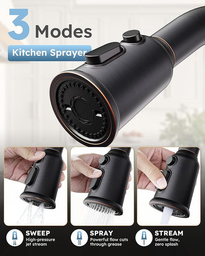 WOWOW Bronze Kitchen Faucet with Sprayer: 304 Stainless Steel Kitchen Sink Faucet High Arc Pull Down Design for 1 or 3 Hole, Vintage Style