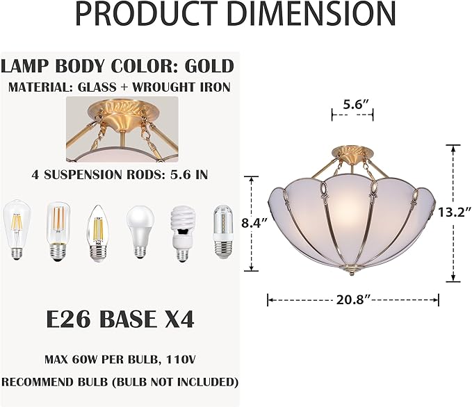 20.5" Vintage Pendant Light Fixture, 4-Light Semi Flush Mount Ceiling Light, Rustic Handmade Glass Ceiling Light Fixture for Foyer Entryway Stairway