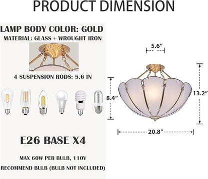 20.5" Vintage Pendant Light Fixture, 4-Light Semi Flush Mount Ceiling Light, Rustic Handmade Glass Ceiling Light Fixture for Foyer Entryway Stairway