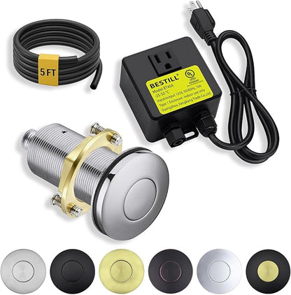 BESTILL Garbage Disposal Air Switch Kit - All Metal, UL Listed Long Push Button for Waste Disposer, Single Outlet Sink Top Solid Brass Air On/Off Button, Polished Chrome