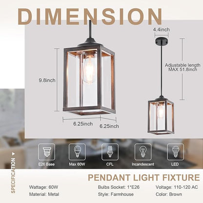 Farmhouse Pendant Light in Wood and Metal Cage, Rustic Pendant Light with Glass, Adjustable Hanging Light Fixtures, Mini Pendant Lighting for Kitchen Island, Hallway, Foyer (Square Brown-1 Pack)