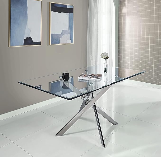 51" Glass Dining Table for 4, Contemporary Rectangular Dining Room Table with Tempered Glass Top & Silver Finish Stainless Steel Legs, Modern Kitchen Table for Home Office