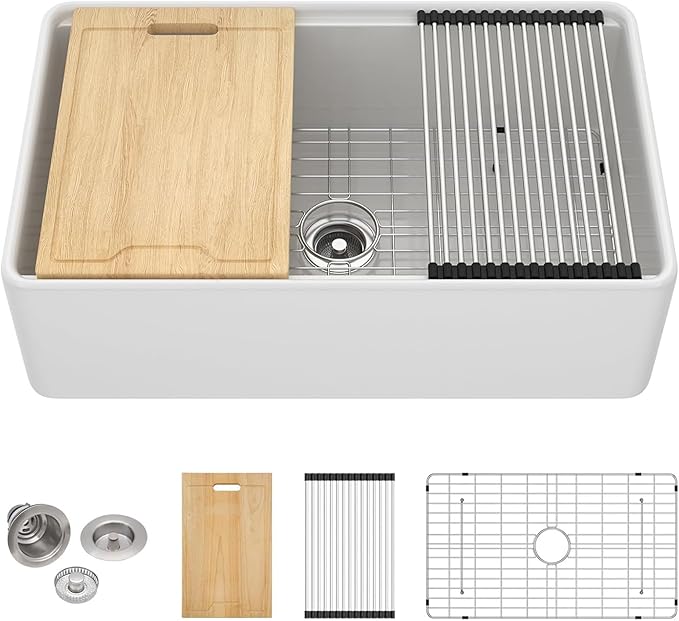 White Farmhouse Sink Fireclay Workstation Apron Front Farmer Kitchen Sink 33"x20" Undermount Single Bowl Kitchen Sink with Accessories