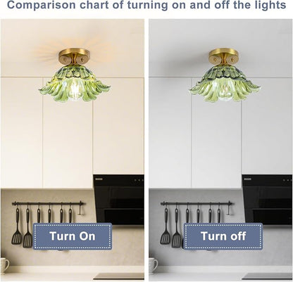 Semi Flush Mount Ceiling Light, Vintage Ceiling Light E26 Base, Green Shade Glass Hallway Light Fixture for Kitchen Porch Bedroom,Bulb Included