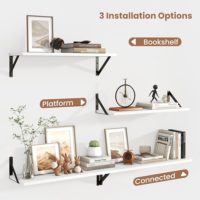 Axeman 24 Inch White Floating Shelves | 8 Inch Deep Wall Shelves Set of 2 | 24''W x 8''D Rustic White Wood Shelves for Bathroom Kitchen Living Room Bookshelf Home Office