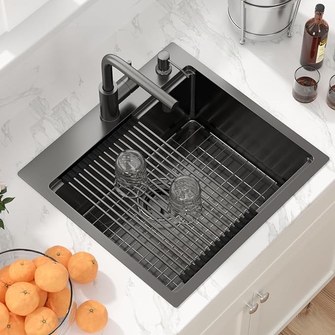 Sarlai Outdoor Kitchen Sink - 21 Inch Black Drop Bar RV Sink with Pull-out Faucet Gunmetal Black Drop In Workstation 21 x 20 Topmount Stainless Steel 16 Gauge Single Bowl Bar Prep Outdoor Sinks Basin
