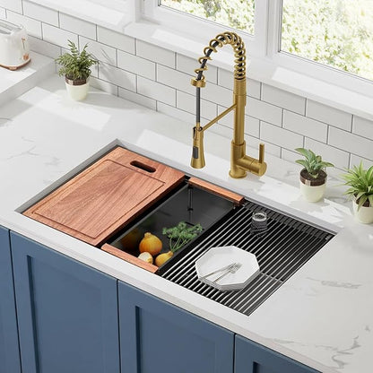 30 inch Gunmetal Black Stainless Steel Undermount Kitchen Sink - CELAENO 30x19 Handmade 16 Gauge Single Bowl Workstation Sink, 10 Inch Deep Modern Kitchen Sink is equipped with various accessories