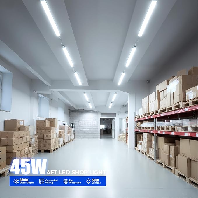 Barrina LED Shop Lights for Workshop 4FT, 6500K Super Bright, Hidden Wiring, 45W 5000LM, Linkable 4FT Light Fixture Cord with ON/Off, Frosted Cover, LED Ceiling Light for Garage, Kitchen, 2 Packs