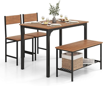 LDAILY Dining Table Set for 4, 4-Piece Wooden Kitchen Table and Chairs with Bench, Storage Rack & Metal Frame, Industrial Dining Room Table Set of 4 for Small Space, Apartment, Kitchen (Rustic Brown)