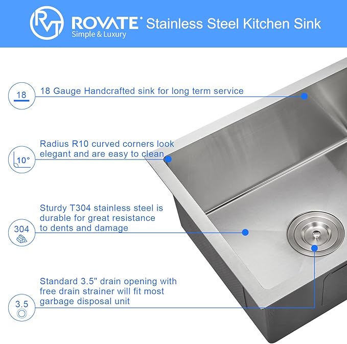 ROVATE 22 x 18 x 9 inch Kitchen Sink Undermount Single Bowl, 304 Stainless Steel Bar or Prep Kitchen Sink Handmade with Strainer