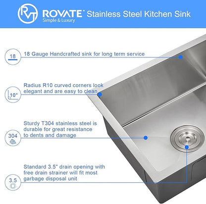 ROVATE 22 x 18 x 9 inch Kitchen Sink Undermount Single Bowl, 304 Stainless Steel Bar or Prep Kitchen Sink Handmade with Strainer