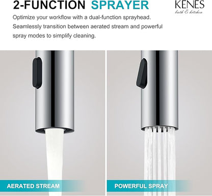 KENES Chrome Centerset Bathroom Faucet with Pull Down Sprayer, 4 Inch 2 Handle Pull Out Bathroom Faucet 3 Hole, Bathroom Sink Faucet with Pop Up Drain & Supply Lines LJ-9069-5