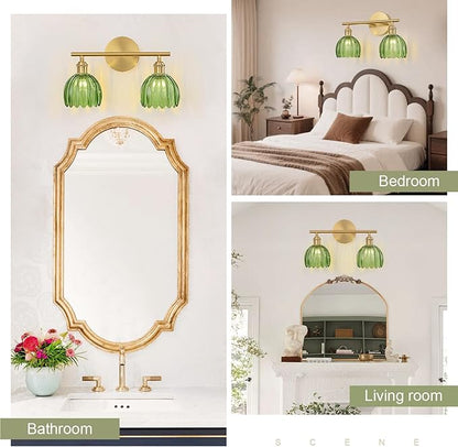Gold Bathroom Light Fixtures Over Mirror, 2 Light Bathroom Vanity Light Fixture with Tulip Green Glass Lampshade, Vintage Vanity Lights for Bathroom, Bathroom Vanity Lights Over Mirror