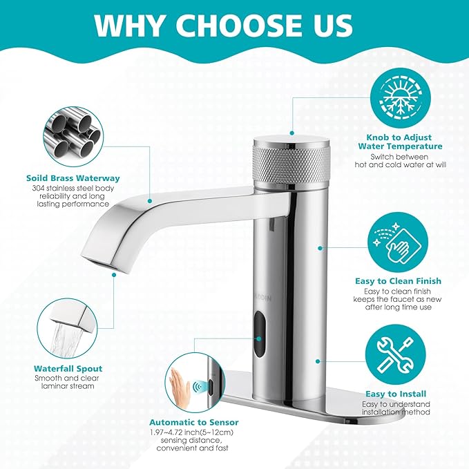 Automatic Sensor Touchless Bathroom Faucet, Manual Waterfall Faucets with Temperature Control Knob, Modern Chrome Sink Faucet Stainless Steel, Hands Free Lavatory Faucets for Single Hole