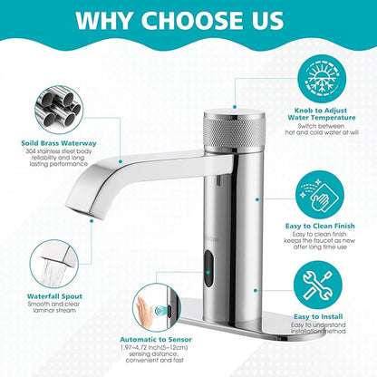 Automatic Sensor Touchless Bathroom Faucet, Manual Waterfall Faucets with Temperature Control Knob, Modern Chrome Sink Faucet Stainless Steel, Hands Free Lavatory Faucets for Single Hole