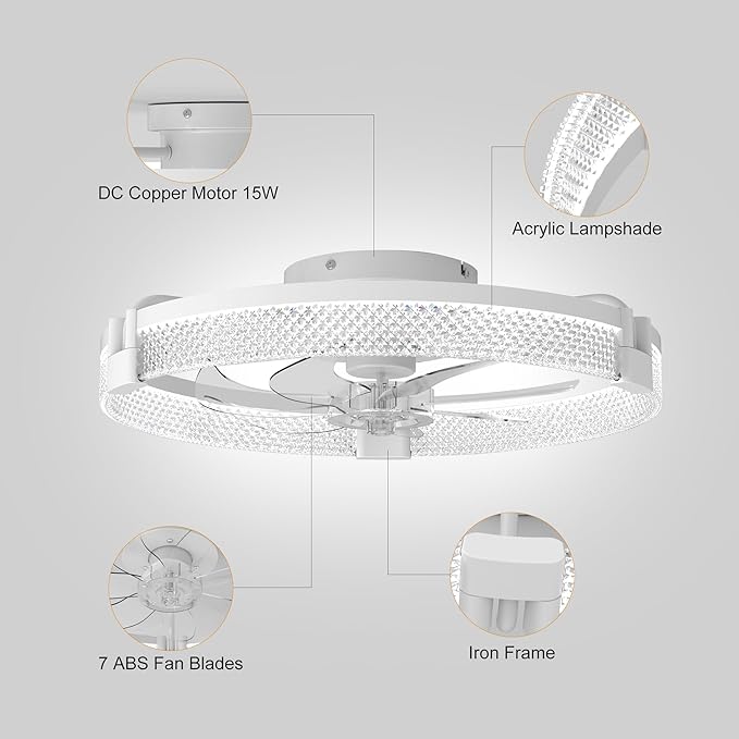 Garwarm 19.7" Ceiling Fans with Lights,Small Ceiling Fan with Lights and Remote, LED Dimmable 3000K–6000K LED Fandelier Flush Mount, DC Motor, for Bedroom, Kitchen, Office