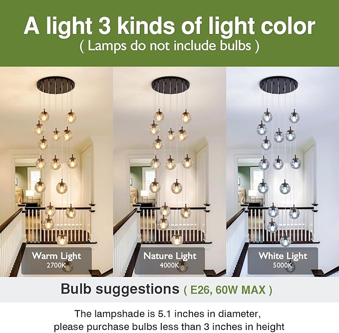 SZXYKEJI 16 Light Chandelier Mid Century Glass Globe Staircase Long Pendant Light Fixture Large Chandeliers for High Ceiling Light LED Bulbs for Living Room Foyer Hallway