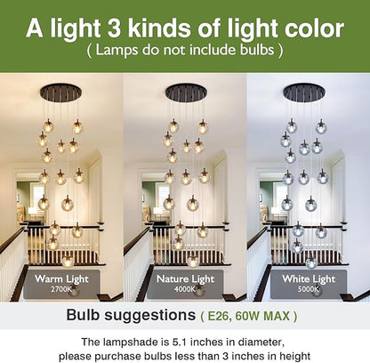 SZXYKEJI 16 Light Chandelier Mid Century Glass Globe Staircase Long Pendant Light Fixture Large Chandeliers for High Ceiling Light LED Bulbs for Living Room Foyer Hallway