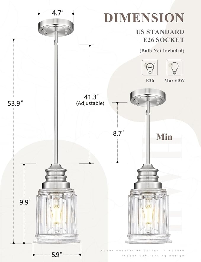 2 Packs Farmhouse Pendant Light Fixtures, HWH 1-Light Hanging Lighting, Kitchen Pendant Lighting Over Island, Brushed Nickel and Bell-Shaped Fluted Clear Glass, 5HZG106MIL-2L BN