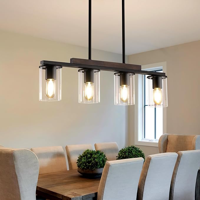 Mecgirn Farmhouse Dining Room Light Fixtures Over Table, Black Pendant Lights for Kitchen Island, 4 Light Linear Chandelier Lighting with Wood