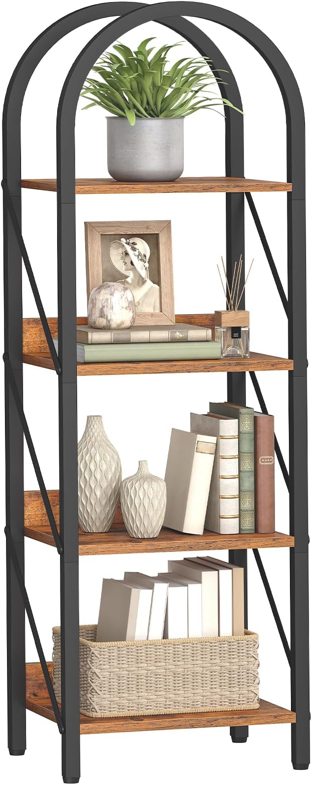 HOOBRO Bookshelf, 4-Tier Bookshelf Arched Display Racks, Industrial Bookcase with Metal Frame, Book Shelf Storage Organizer for Living Room, Office, Bedroom, Rustic Brown and Black BF424SJ01