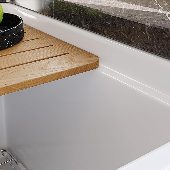 DeerValley Farmhouse Sink Workstation, 33 inch White Fireclay Apron Front Farm Sinks, Double Bowl Deep Drop-in Undermount Sink with Workstation Accessories