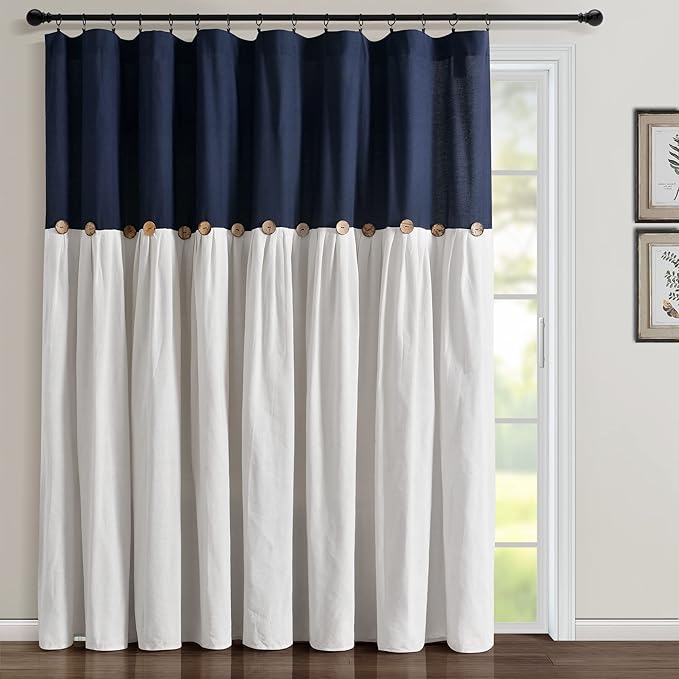 Lush Decor Linen Button Window Curtain Panel, Single, 100" W x 84" L, Navy & White - Country Curtains - Rustic Decor - Color Block Modern Farmhouse Curtains For Living Room, Bedroom & Dining Room